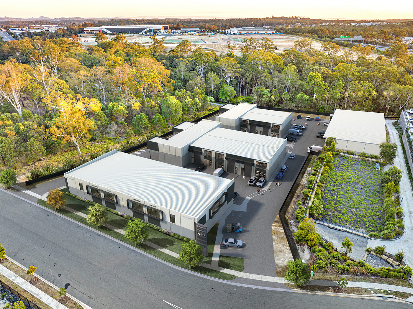 Aerial view of industrial warehouse development at Metroplex Westgate with surrounding landscape and road network