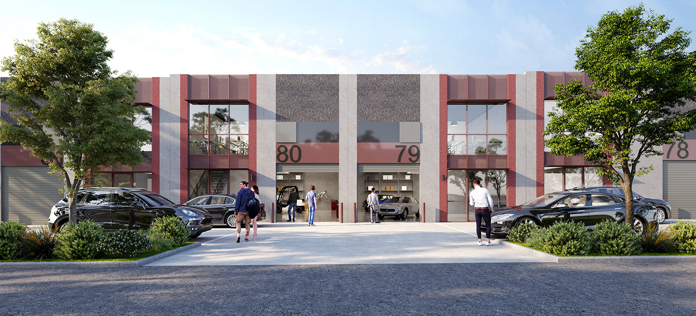 3D render of industrial development masterplan showing warehouse layout, roads, and commercial site planning