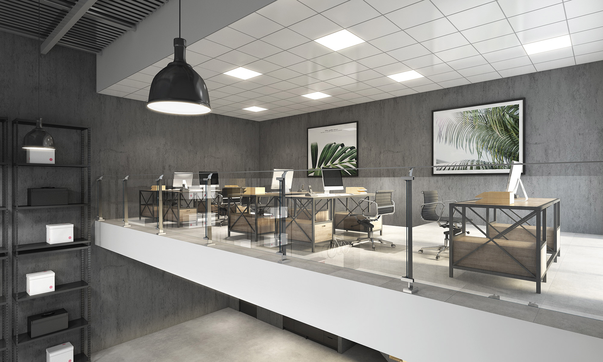 Modern mezzanine office space within industrial unit featuring desks, glass balustrade and open workspace