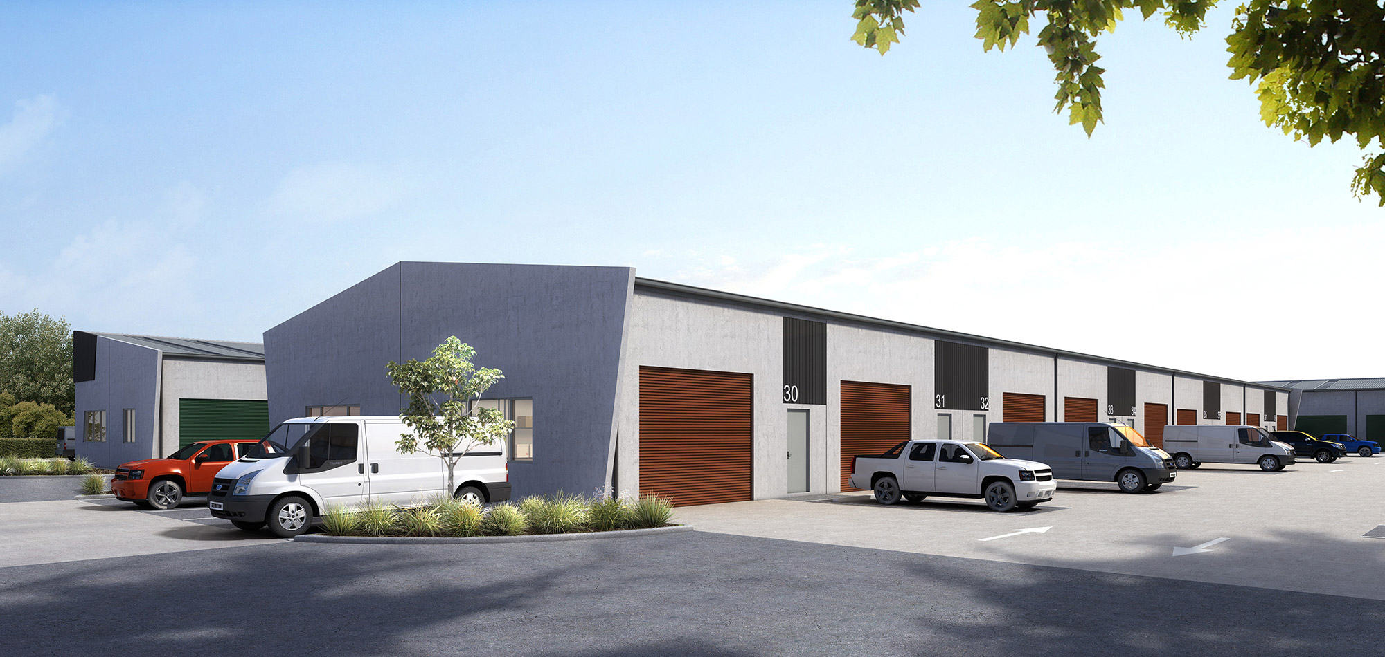 3D rendering of a row of industrial storage units with garage doors and commercial property layout