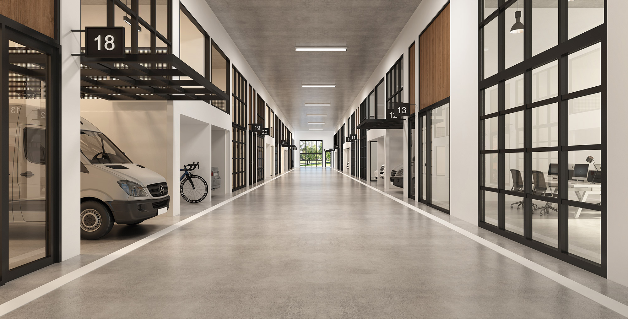 3D render of modern industrial unit exterior with contemporary warehouse architecture and street perspective