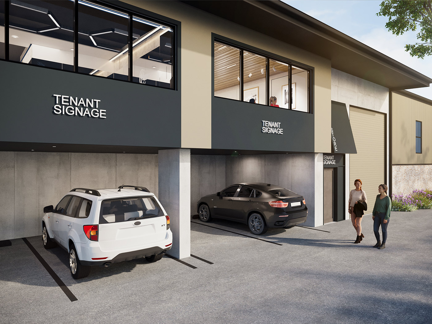 Industrial unit with on-site parking, tenant signage and modern warehouse facade design
