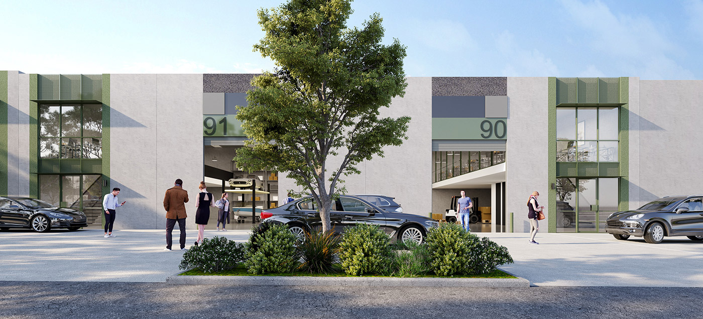 3D rendered streetscape of modern industrial warehouse units with car parking and pedestrian activity in Williamstown North