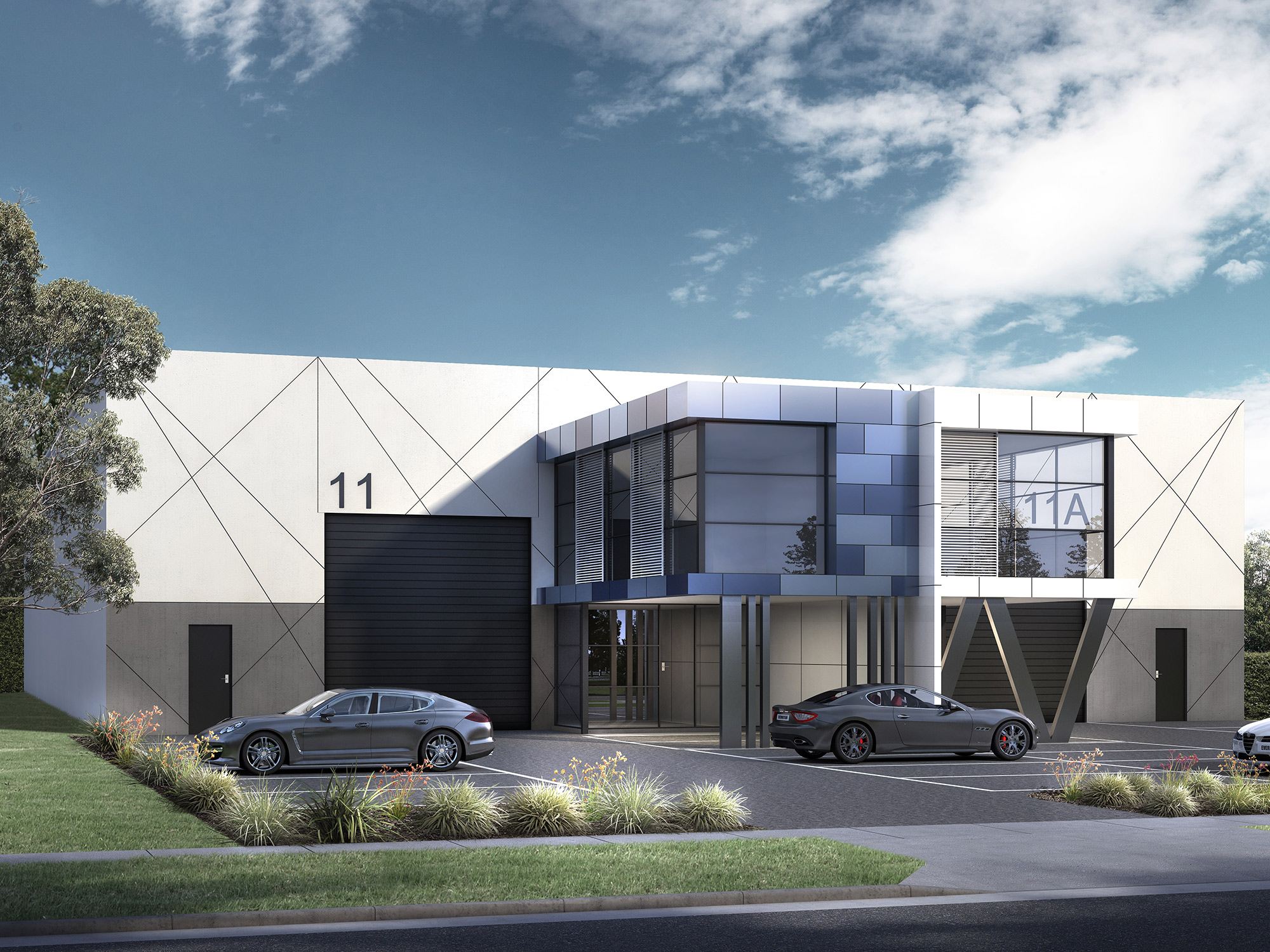 3D rendering of an industrial warehouse with loading bays, modern commercial exterior, and parking area
