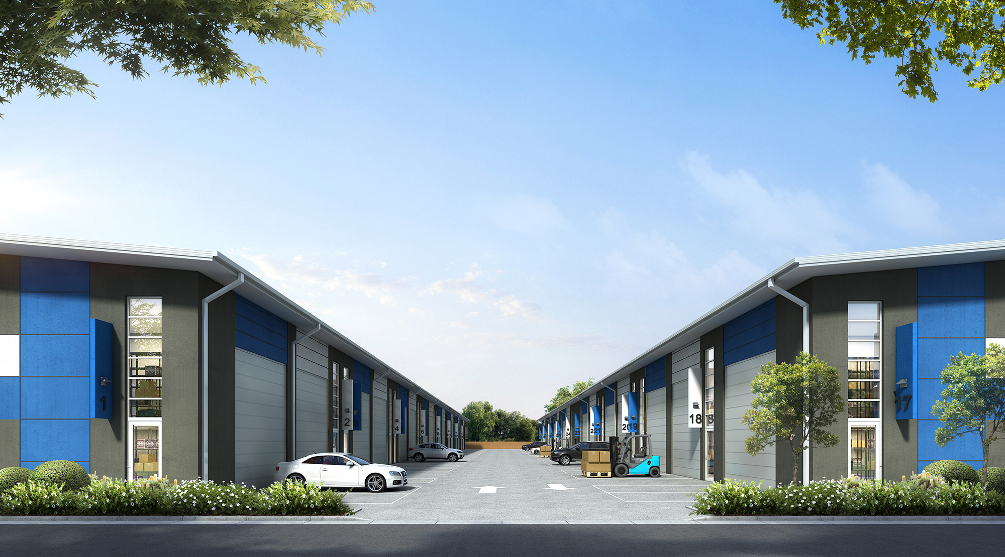 3D render of an industrial warehouse complex with multiple units, driveway access, and commercial development layout