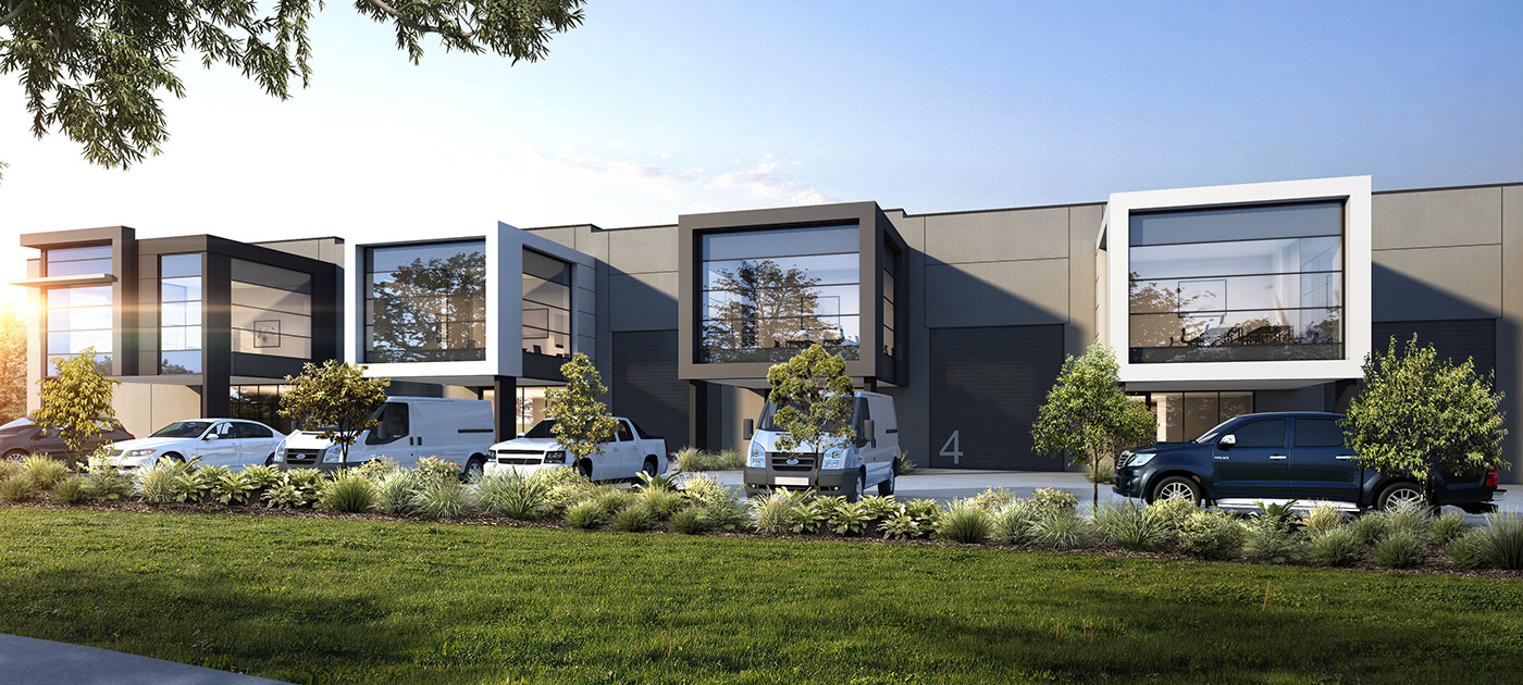 3D render of an industrial warehouse exterior with parking spaces and modern commercial building design