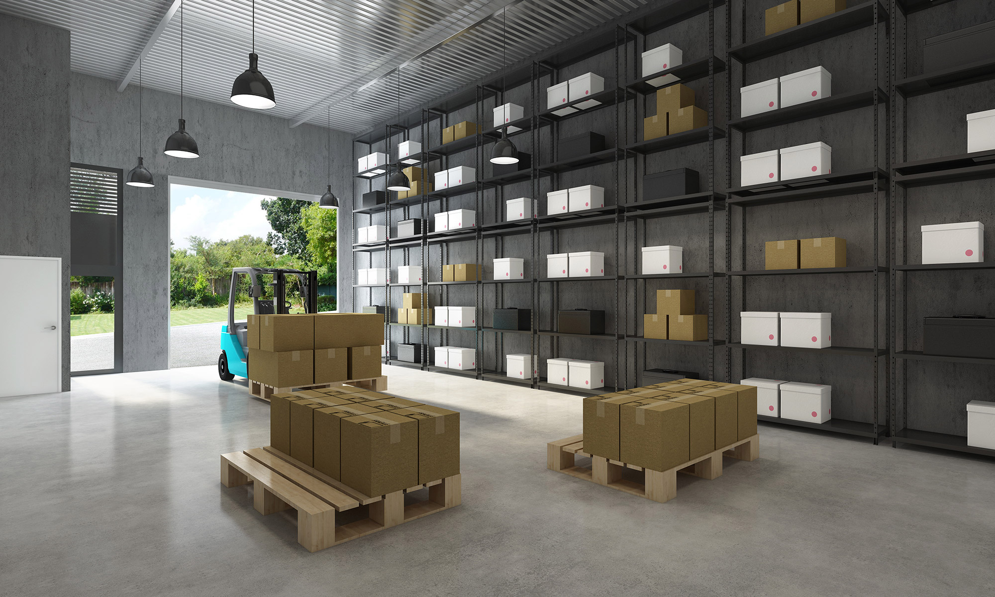 Industrial warehouse interior with pallet storage, shelving systems and loading access