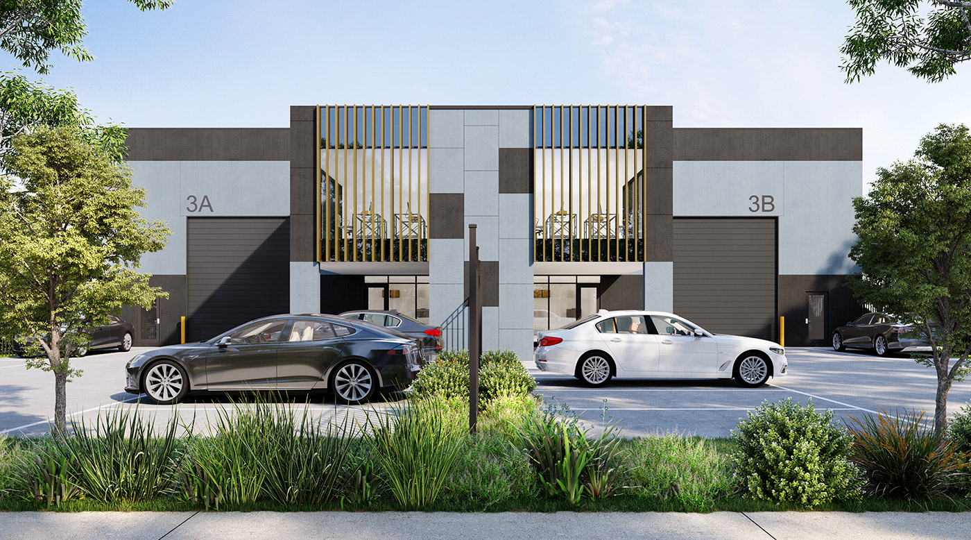 3D render of industrial warehouse units with modern facade, signage, and commercial development frontage