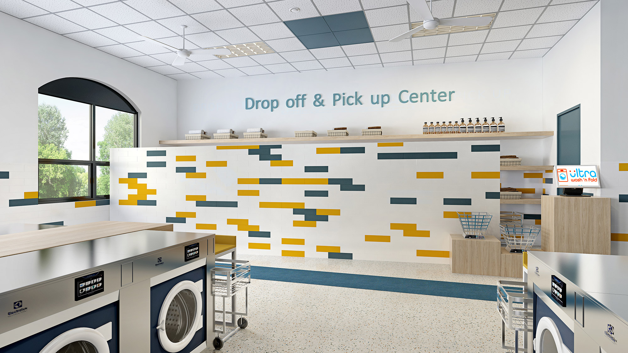 Laundromat drop off and pick up counter 3D render with tiled feature wall, service desk and commercial laundry interior