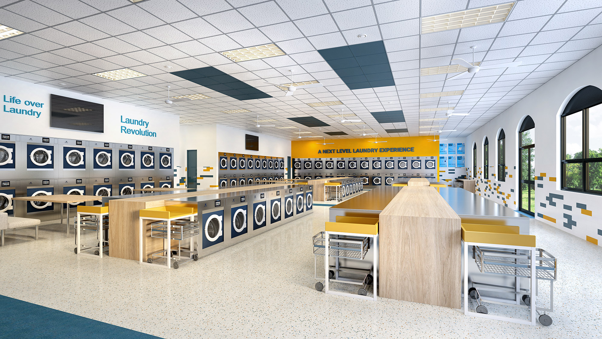 Self-service laundromat interior 3D render with rows of washing machines, folding benches and bright commercial laundry layout