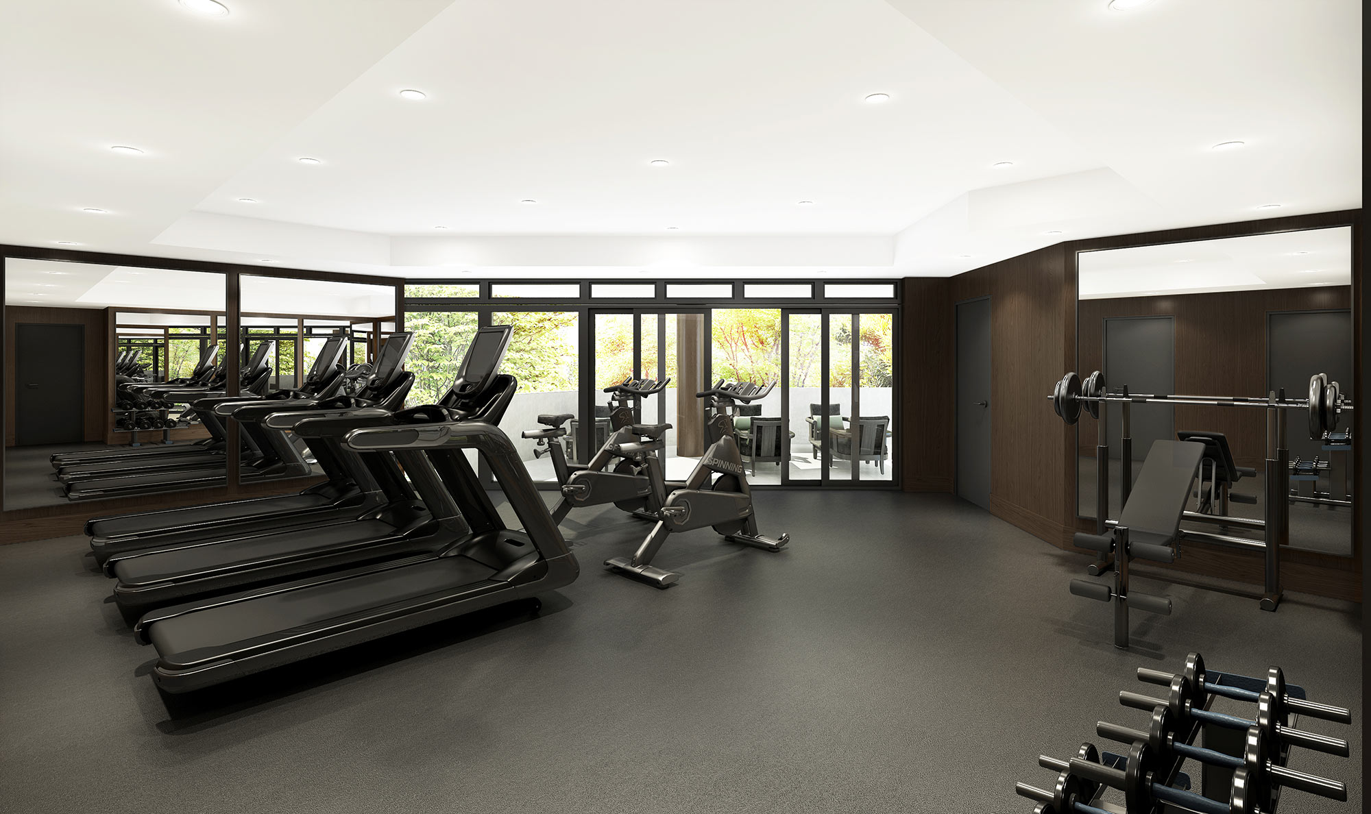 3D Rendering of a luxury amenities gym with modern finishes, strength equipment, and integrated lighting design