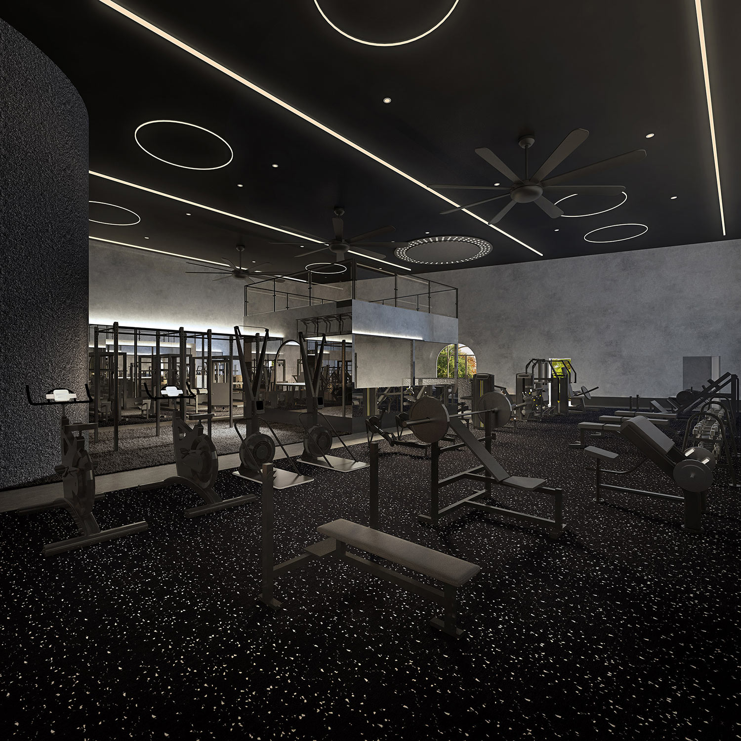 3D Rendering of a luxury dark gym interior with weight training equipment and dramatic ambient lighting