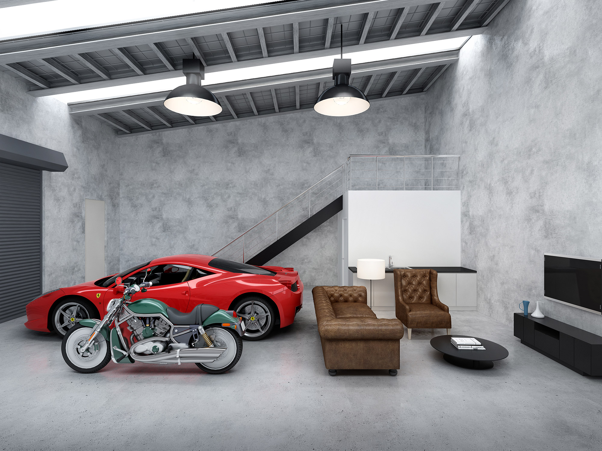 Luxury garage fitout with sports car, motorbike, lounge seating and modern industrial finishes