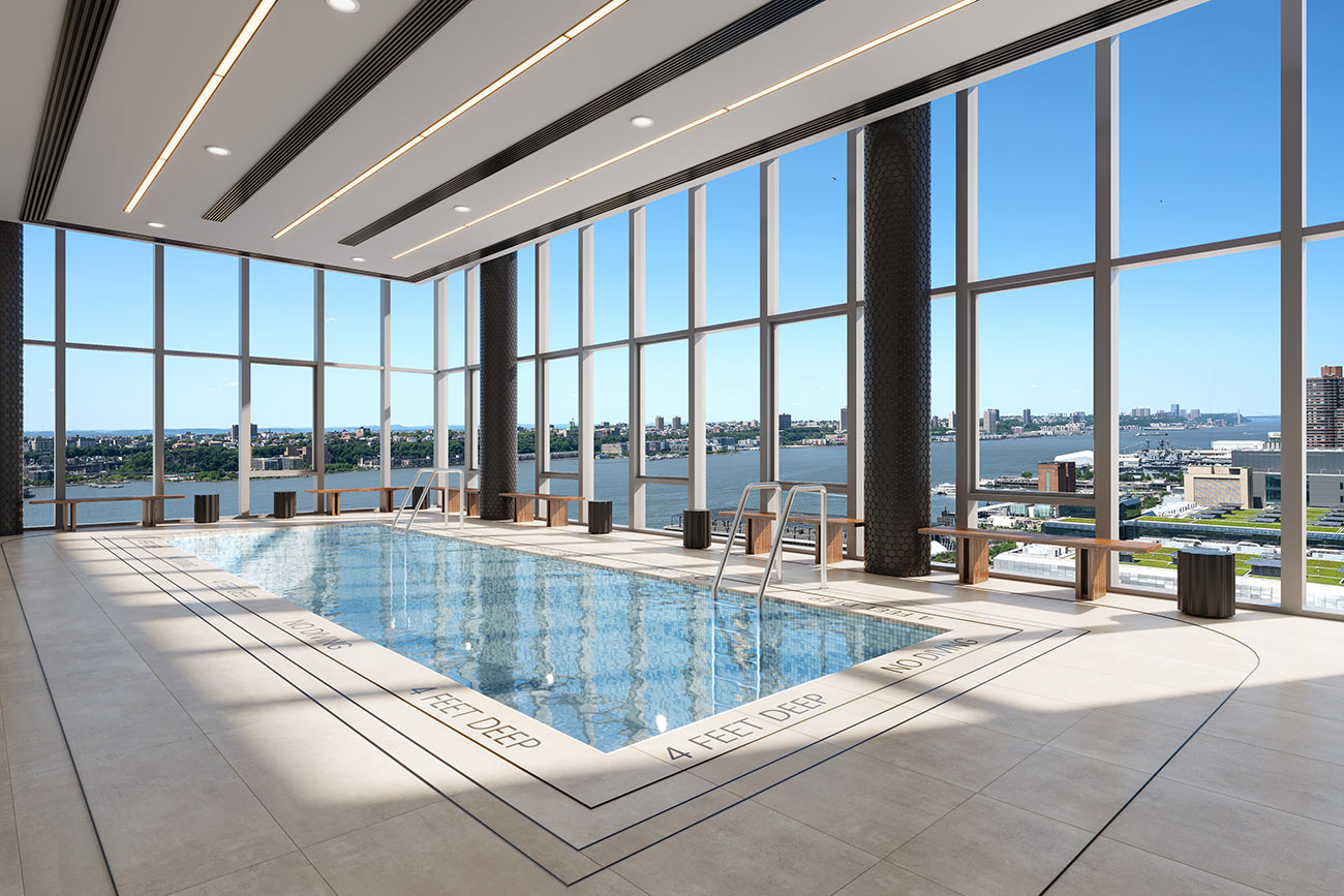 3D Rendering of a luxury indoor pool with floor-to-ceiling windows and panoramic city skyline views