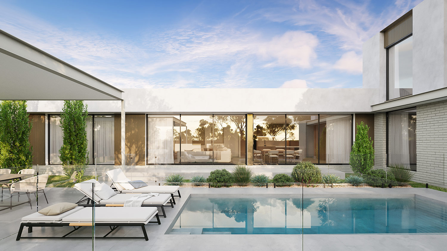 Photorealistic 3D render of luxury modern home with swimming pool, full width glazing and landscaped courtyard