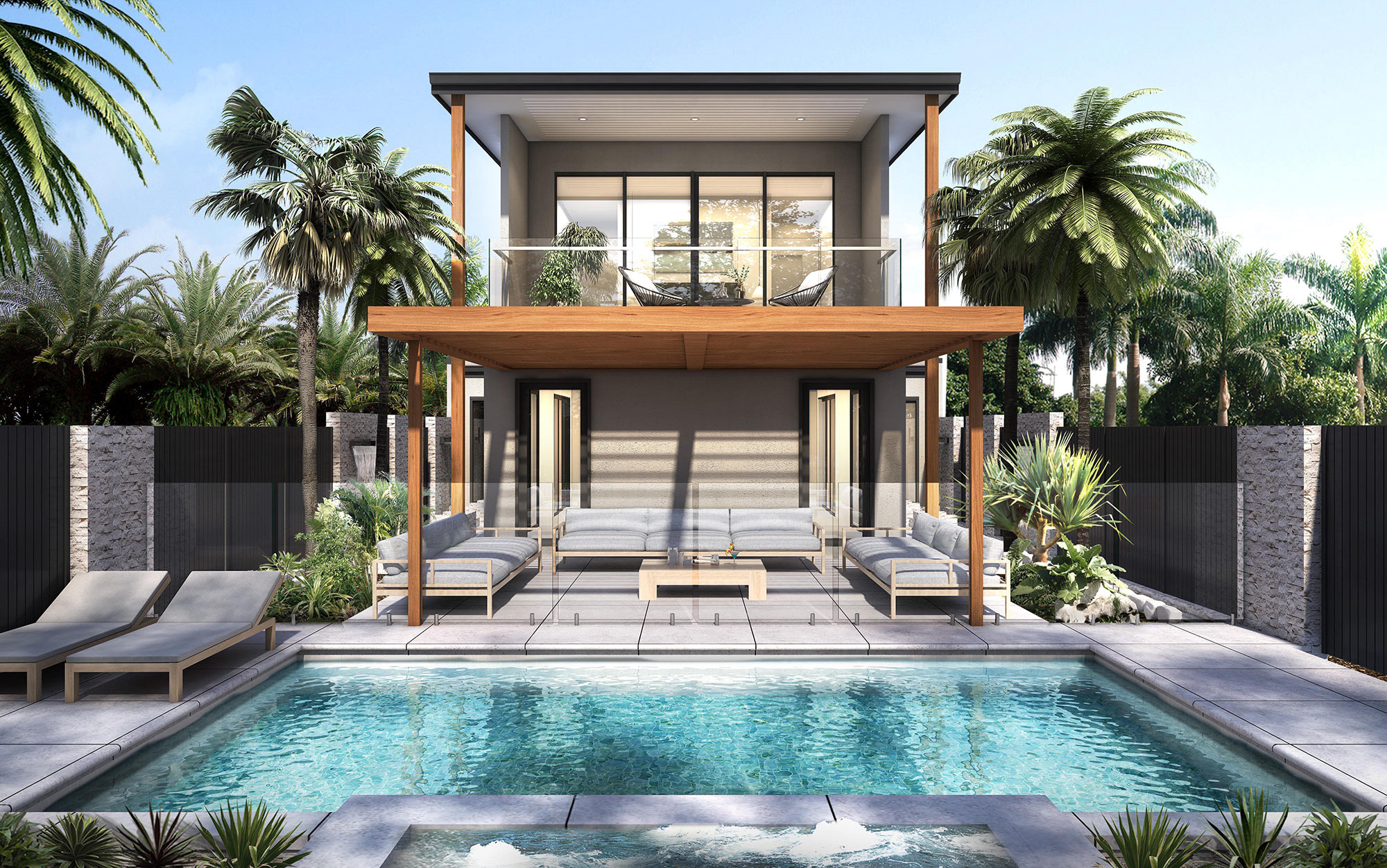 3D render of a luxury poolside cabana with outdoor lounge and modern home backdrop