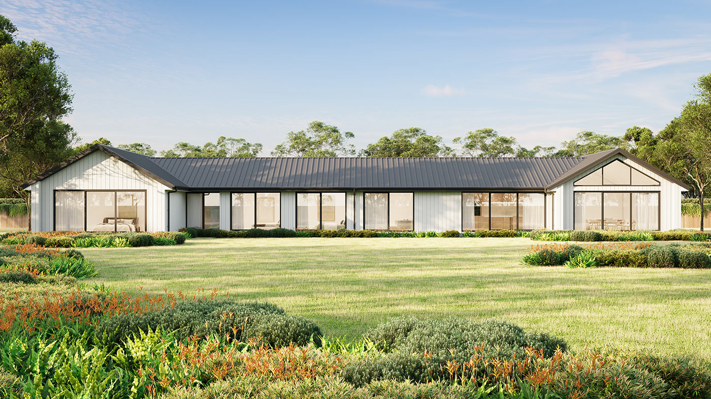 3D render of a luxury rural home exterior with landscaped gardens and an expansive façade