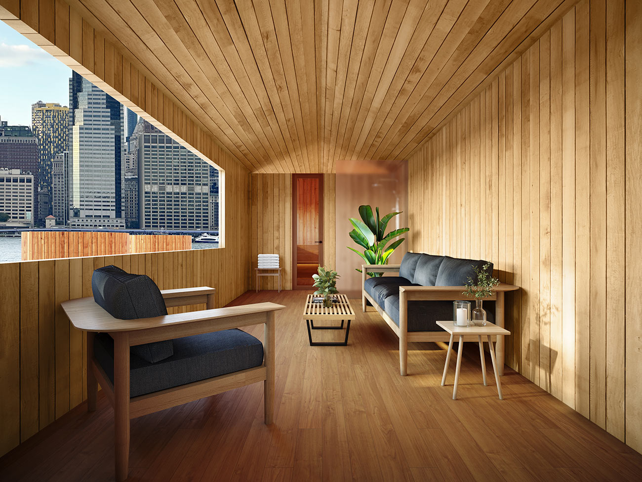 Minimalist timber sauna retreat interior with seating, natural materials and warm ambient lighting