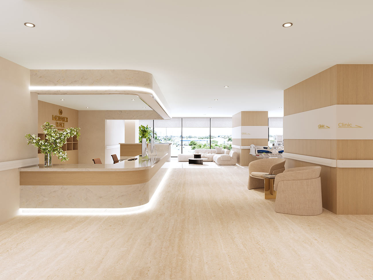 Modern medical centre reception with curved desk, soft lighting and clean healthcare interior design