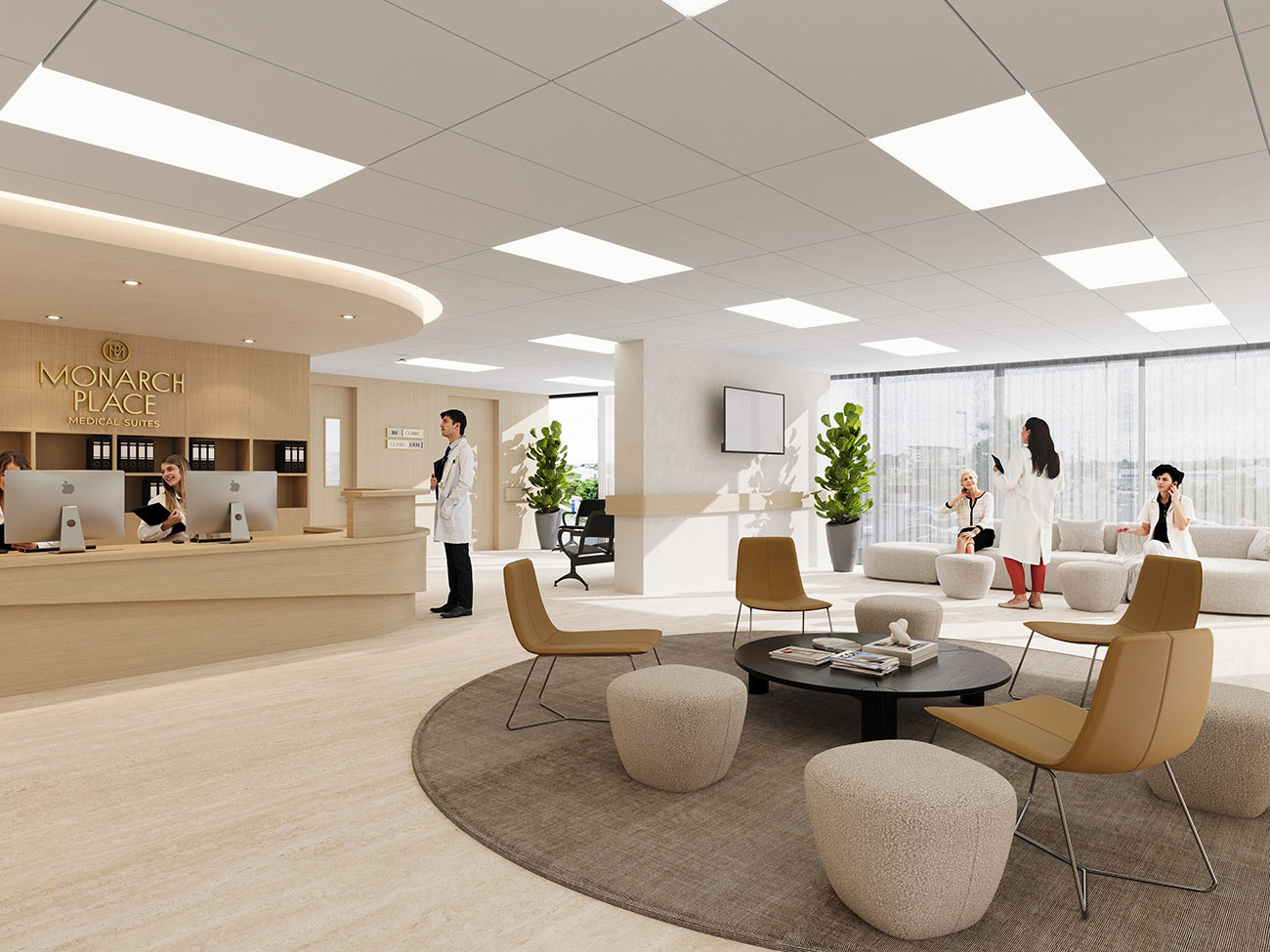 Healthcare waiting area with lounge seating, natural light and modern clinic interior layout