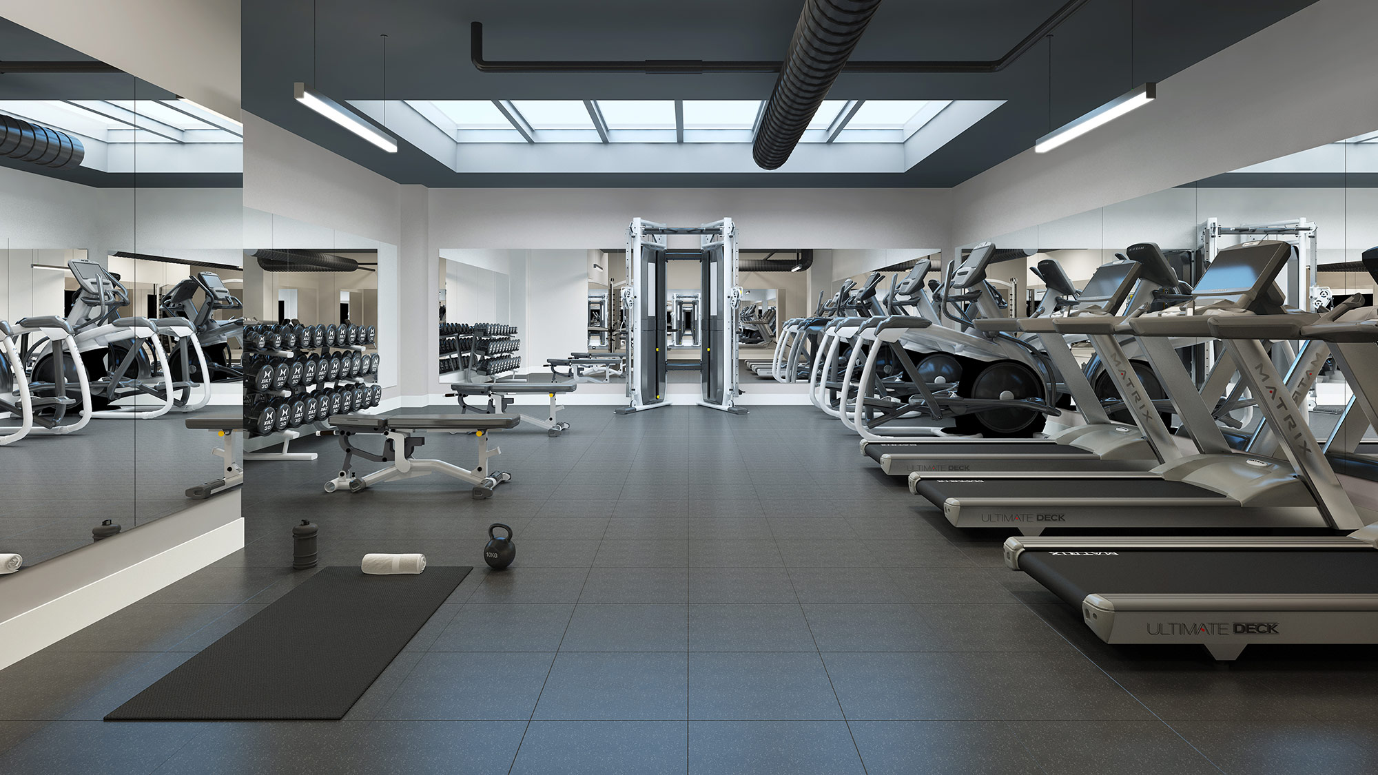 3D Rendering of a minimalist gym interior with mirrored walls, treadmills, and strength training equipment