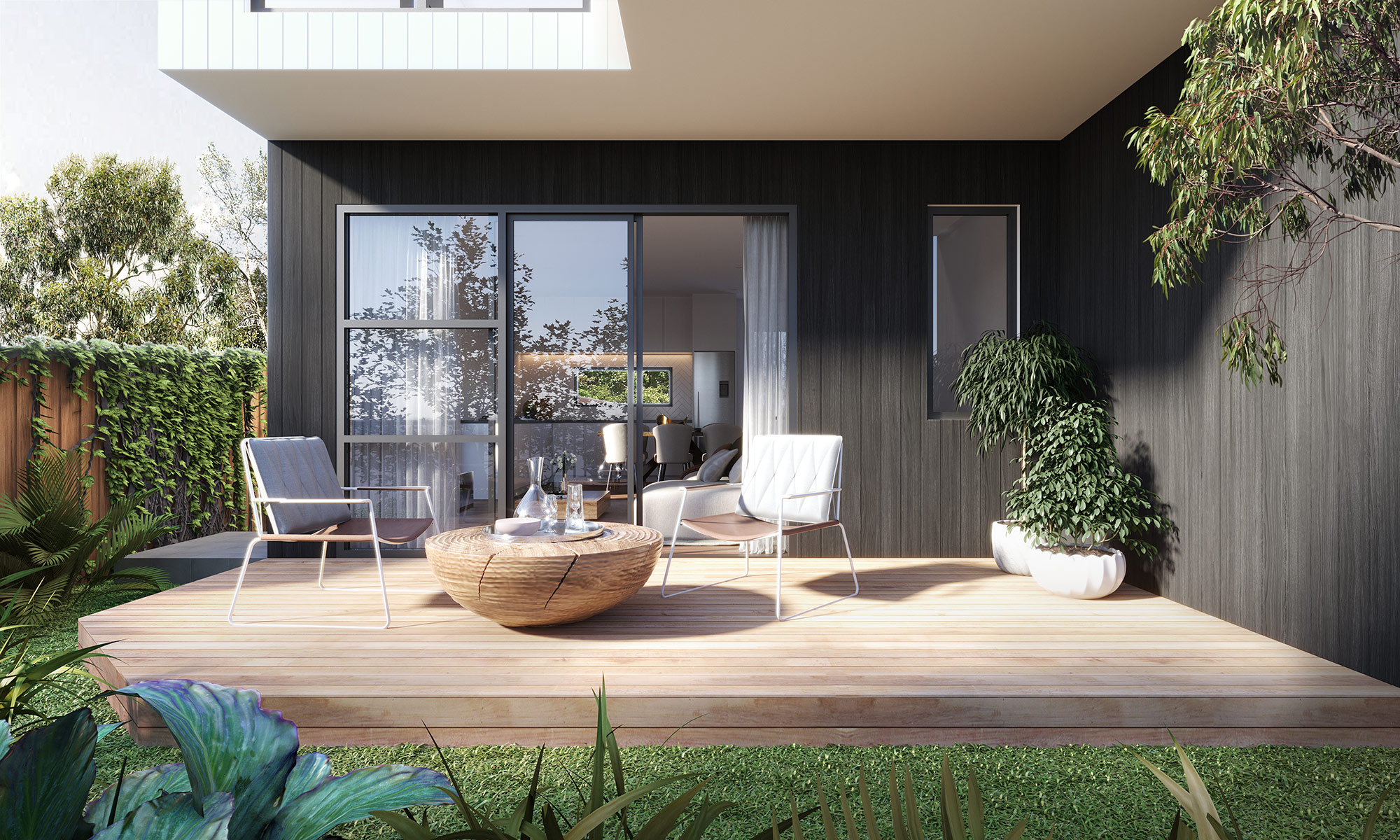3D render of a minimalist timber deck outdoor living space with modern furniture