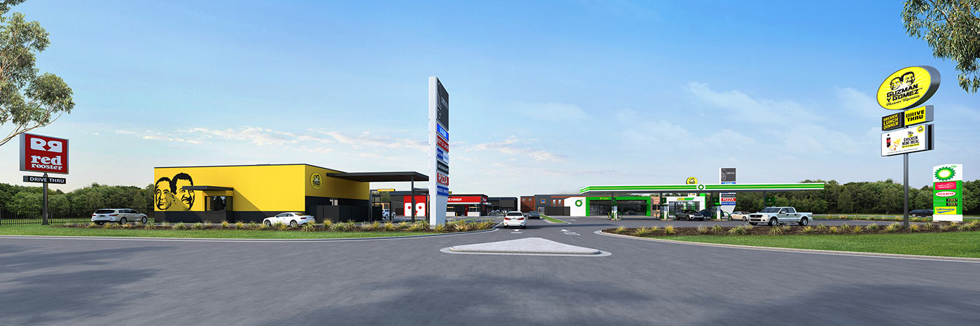 Large scale mixed-use development featuring retail buildings, service station and commercial site planning