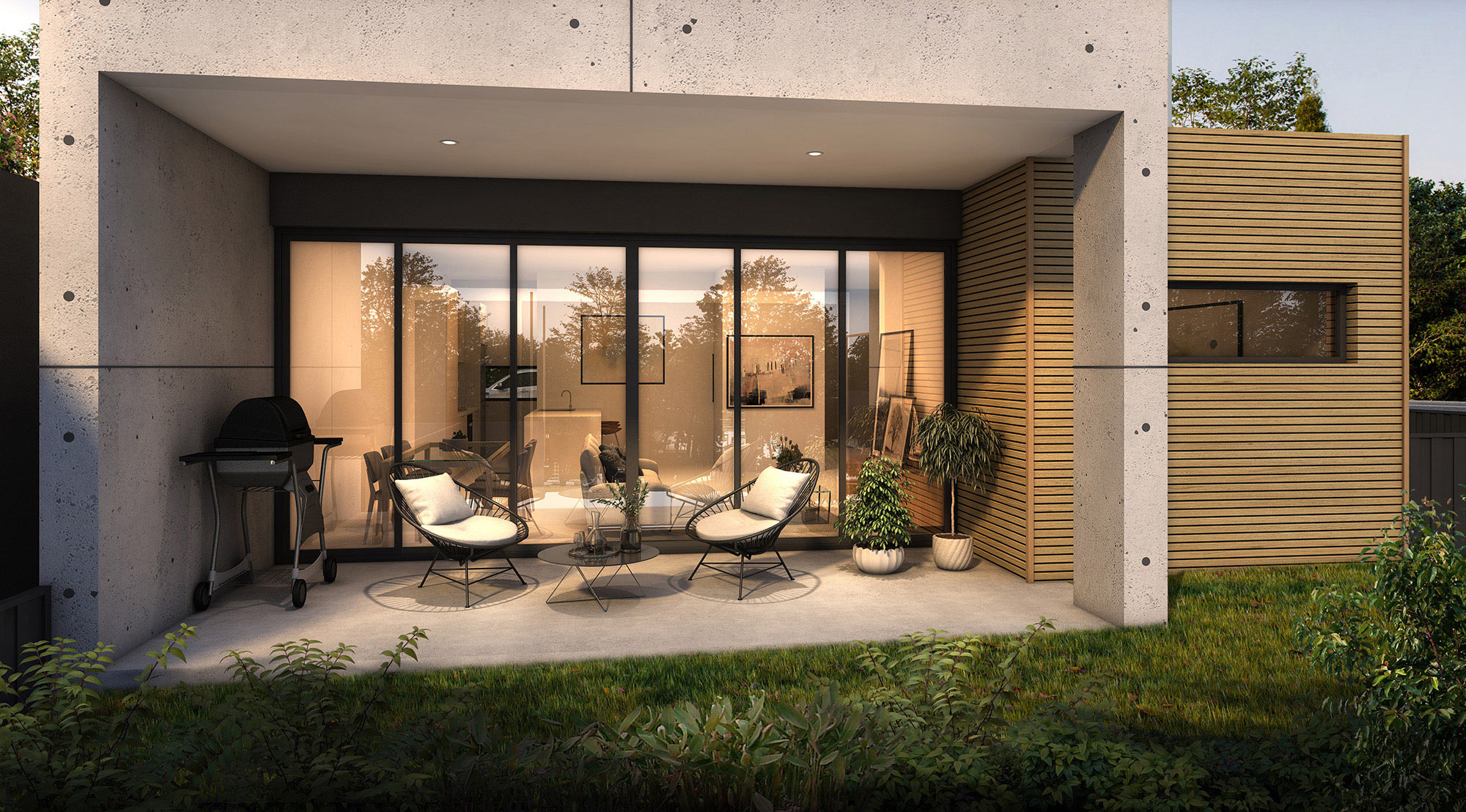 3D render of a modern alfresco concrete patio with outdoor seating and sliding glass doors