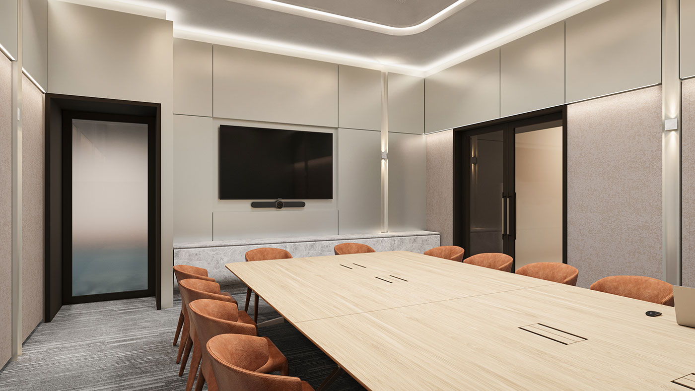 Modern boardroom with timber meeting table, upholstered seating and integrated wall lighting
