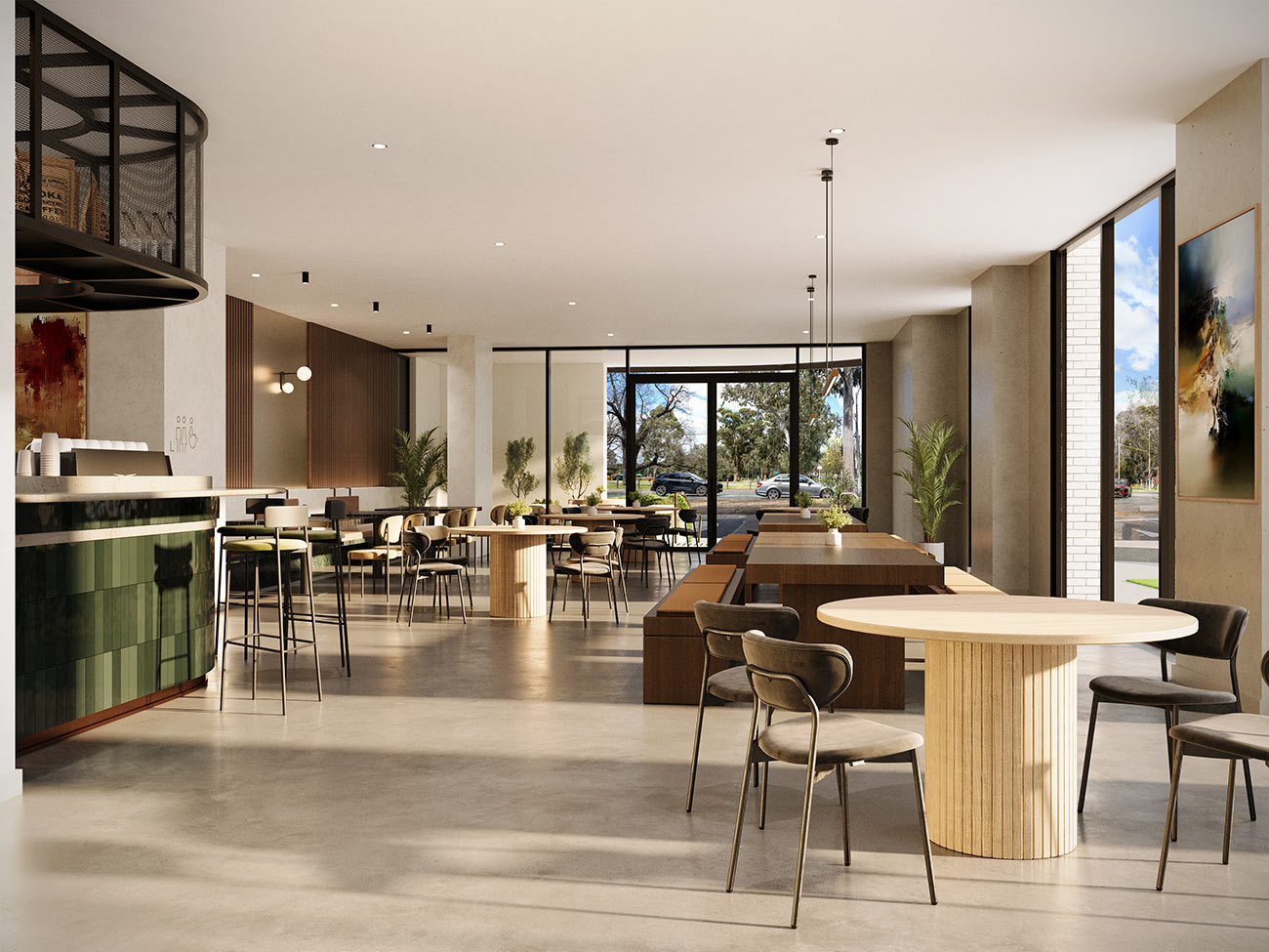 Contemporary café interior with timber finishes, open seating layout and natural light in retail development