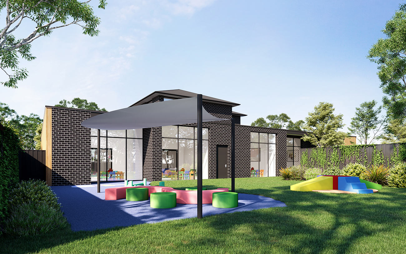 3D Render of a modern childcare center exterior showcasing large windows, play zones, and vibrant outdoor areas