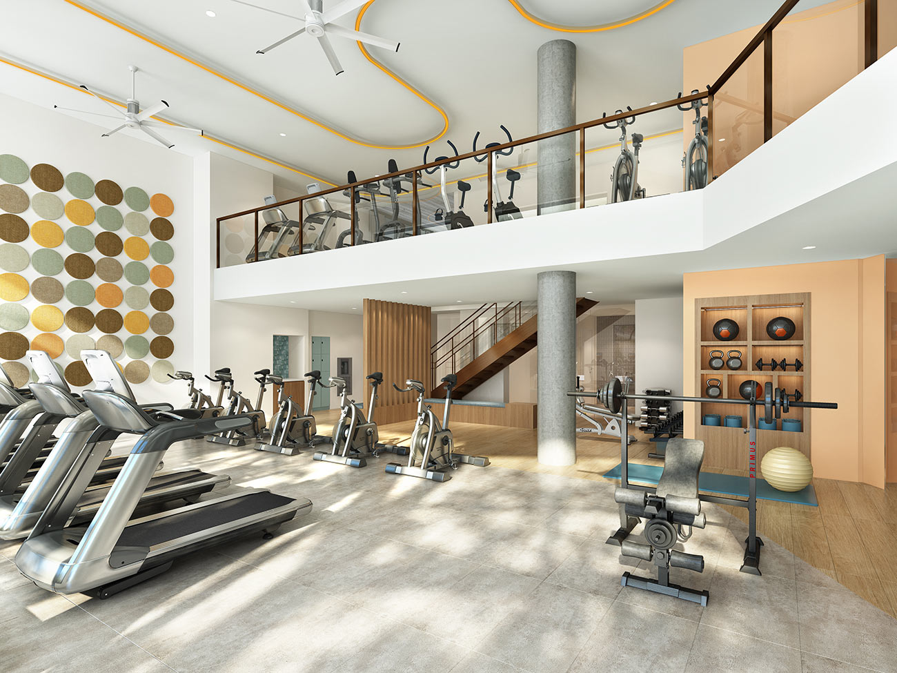 3D Rendering of a modern fitness center interior with cardio machines, free weights, and a mezzanine workout level