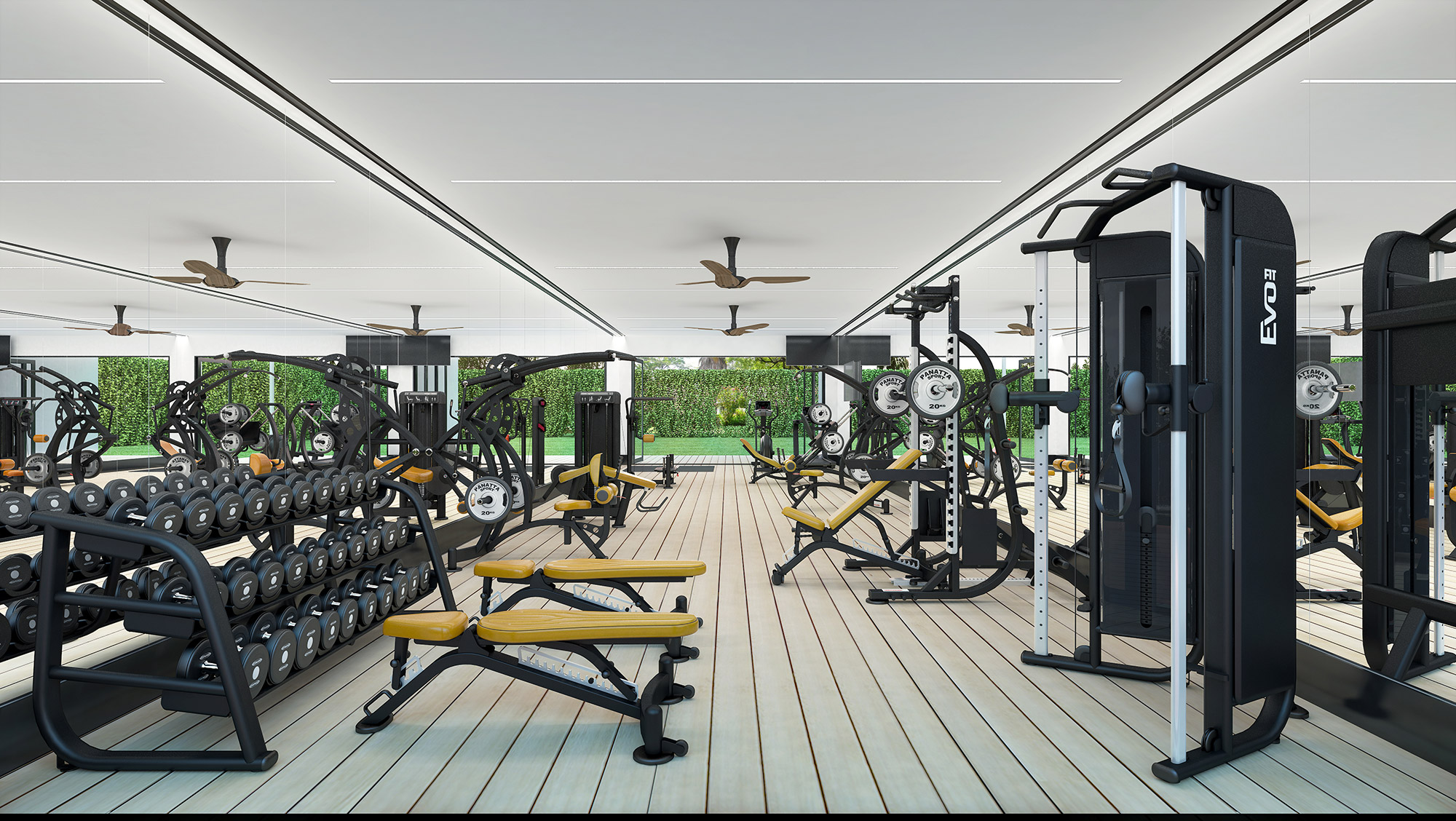 Modern fitness center with weight training equipment and mirrored walls, gym interior 3D rendering