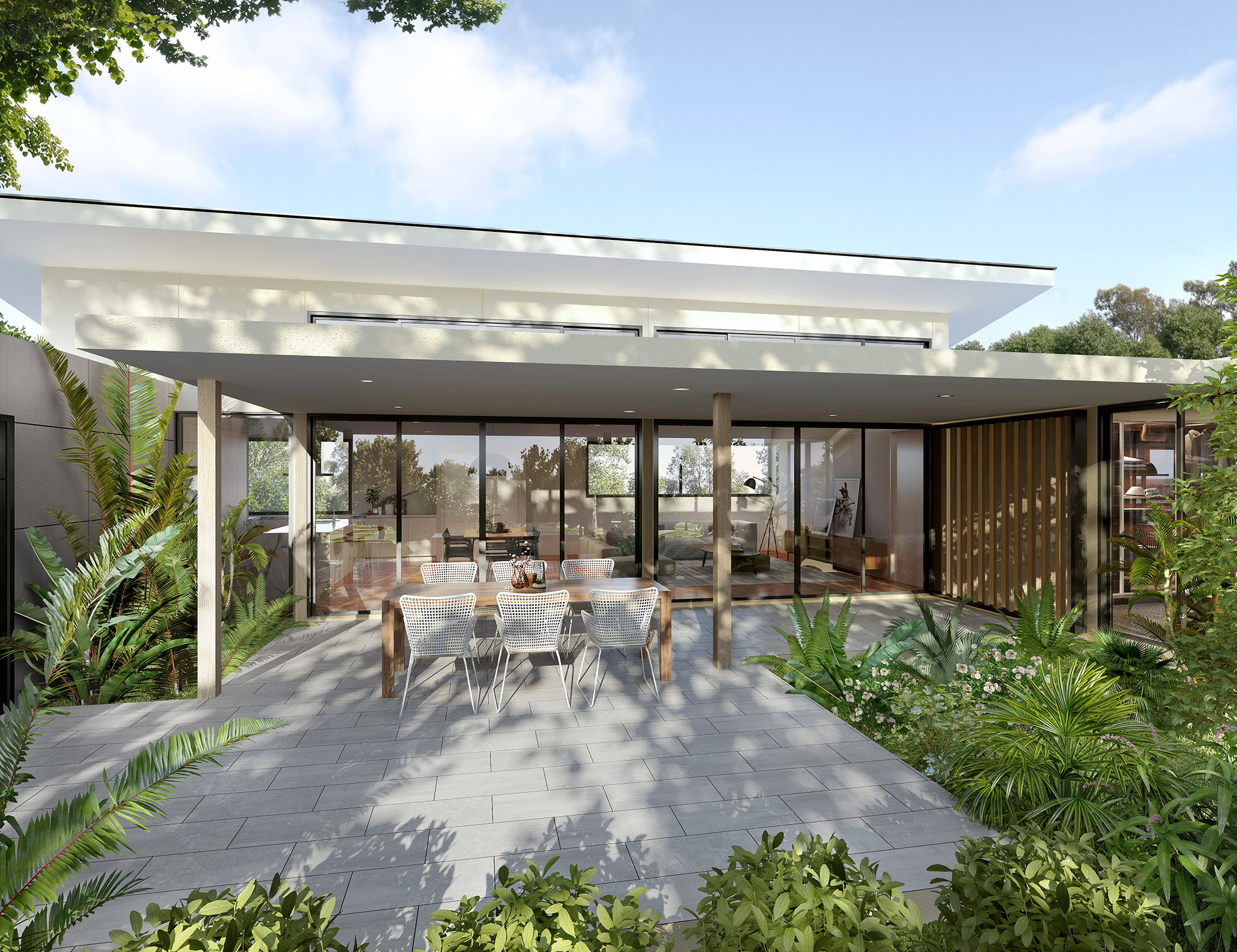 3D render of modern home alfresco area with covered roof, outdoor dining table and landscaped garden setting