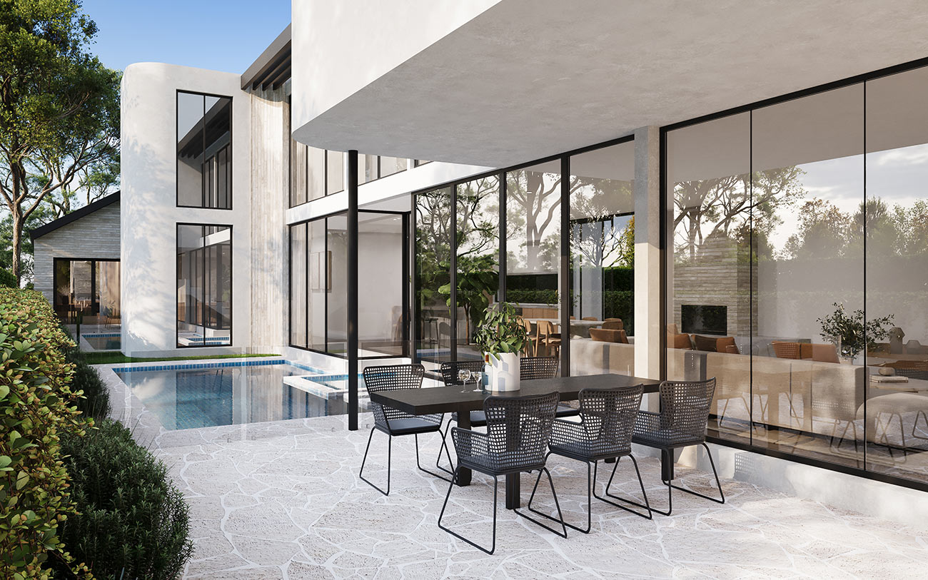 3D render of modern home courtyard with outdoor dining area, built in BBQ and contemporary landscaping