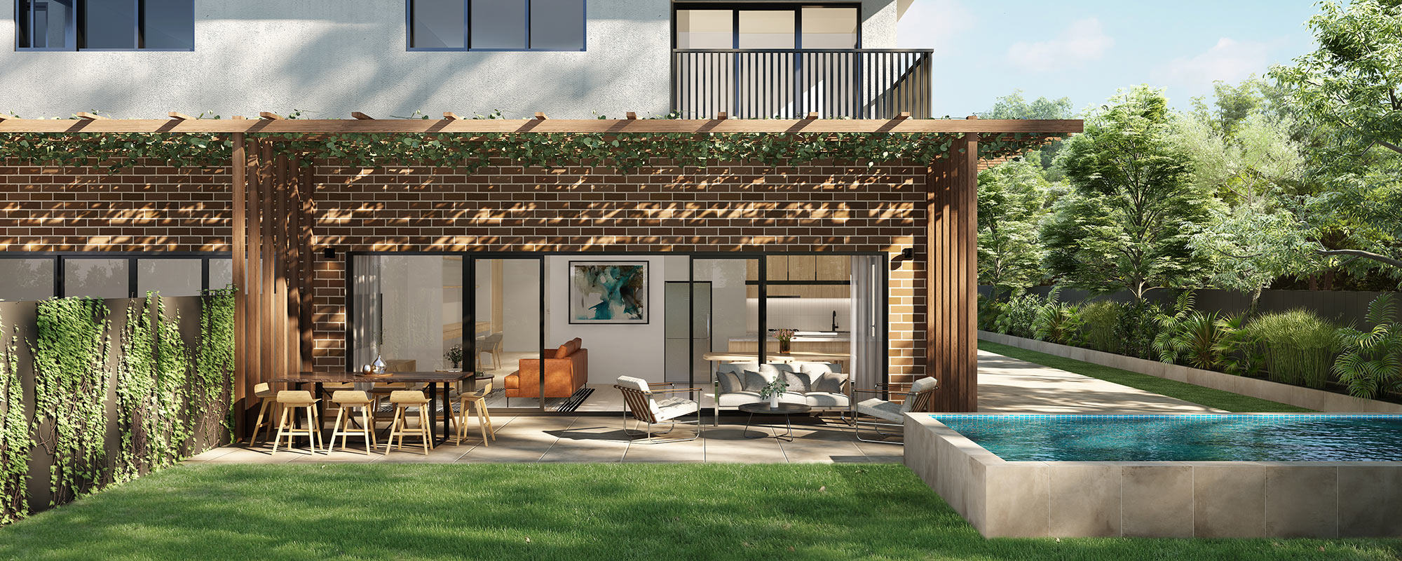 3D render of a modern home with swimming pool and extended alfresco outdoor living area