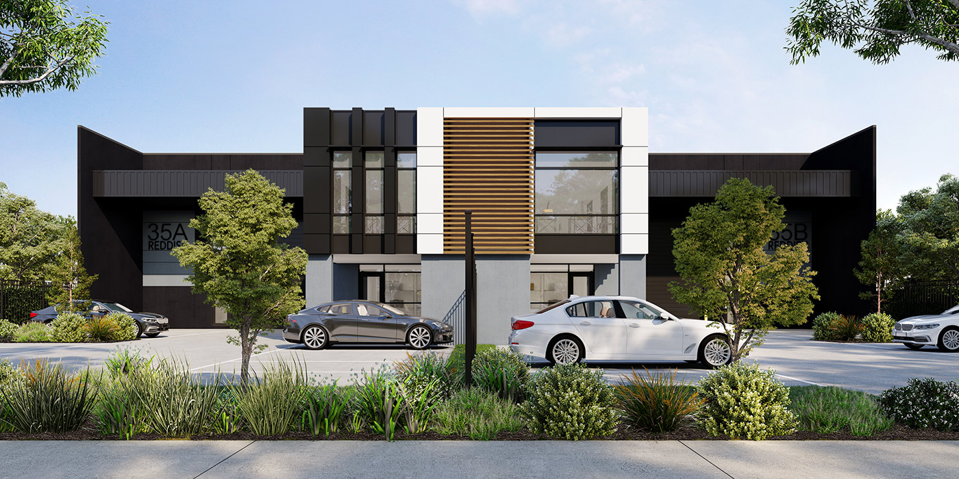 3D render of modern industrial building facade with parking, landscaping, and contemporary commercial architecture