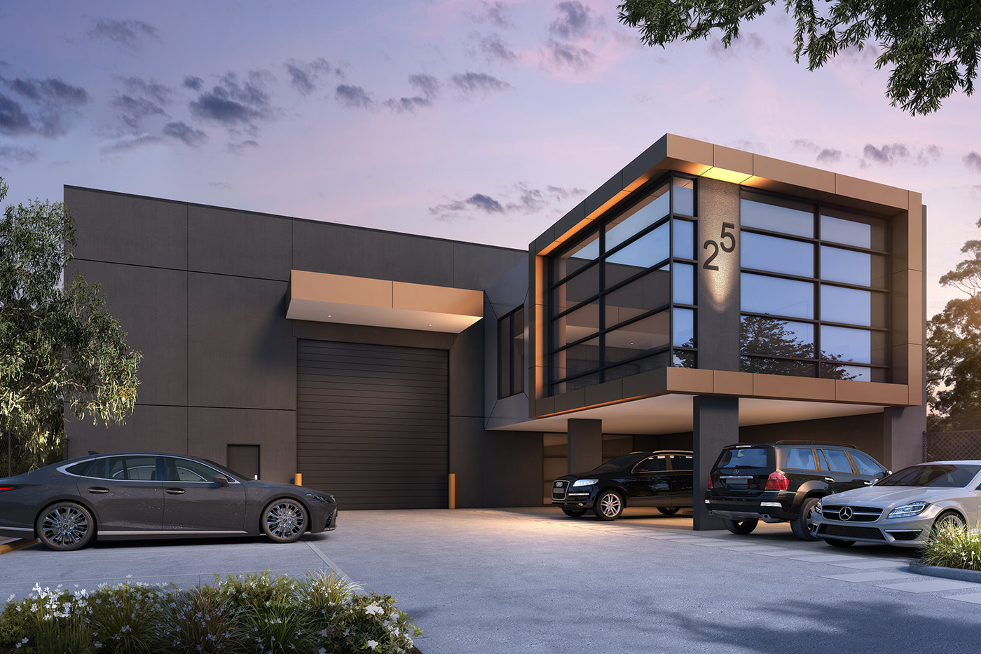 Photorealistic 3D render of a modern industrial unit with commercial warehouse architecture and parking