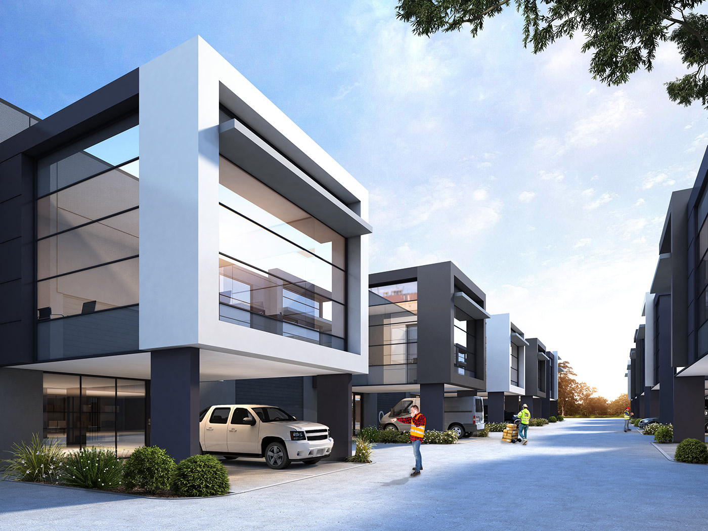 3D render of modern industrial units with mezzanine office spaces, glass facades, and commercial warehouse development layout