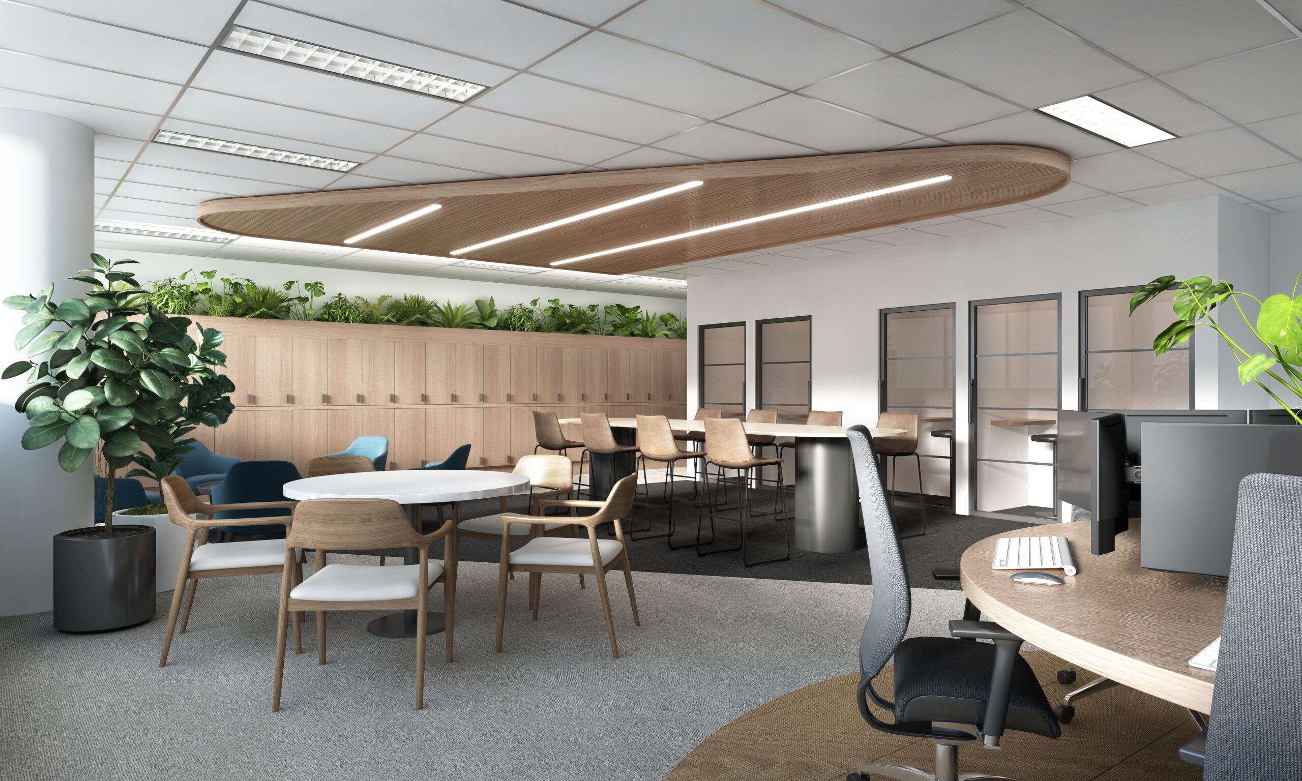 Modern office breakout space 3D render with communal tables, seating areas and integrated meeting zones