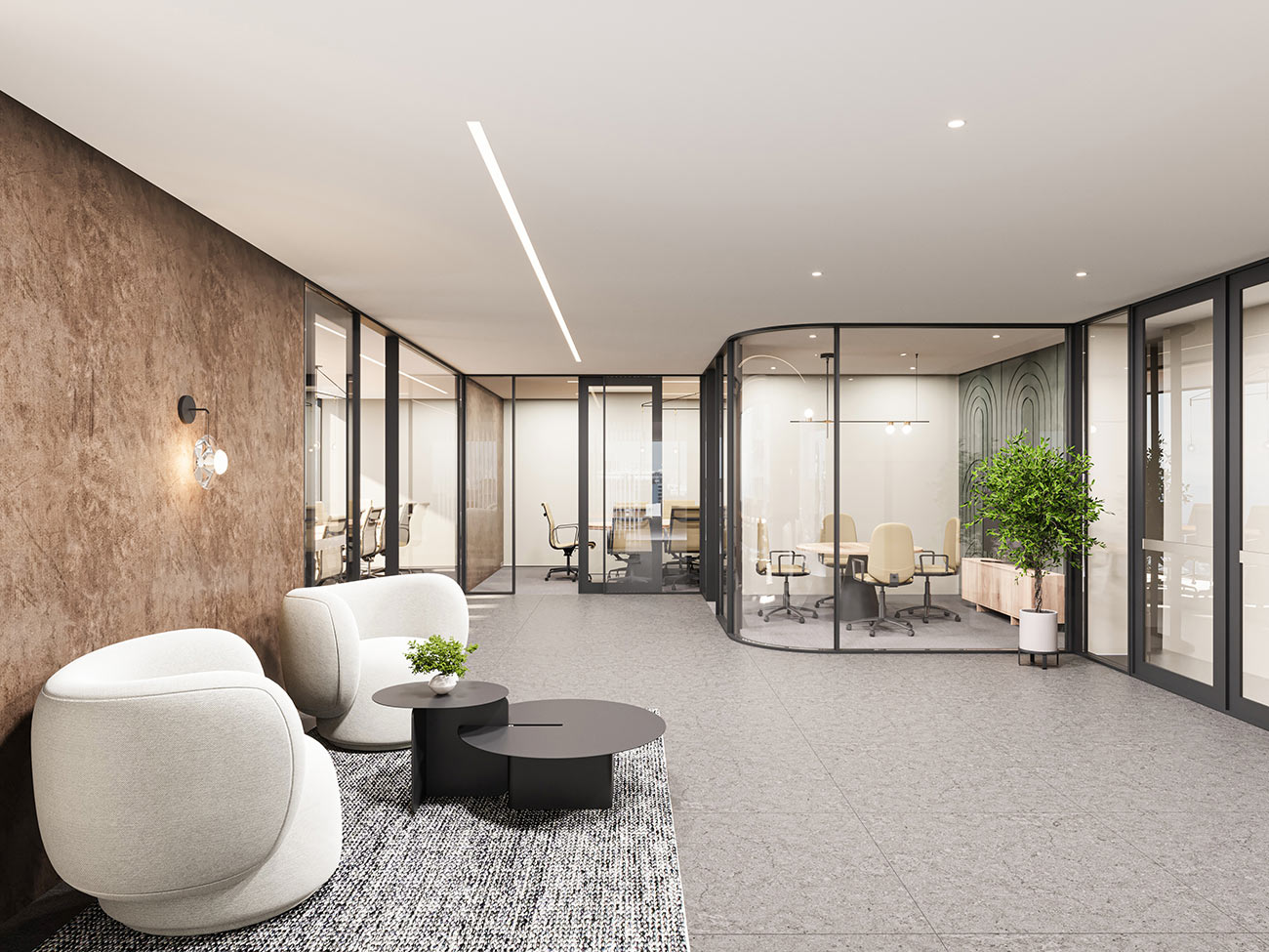 Modern office interior with curved glass meeting rooms, lounge seating area and textured feature wall