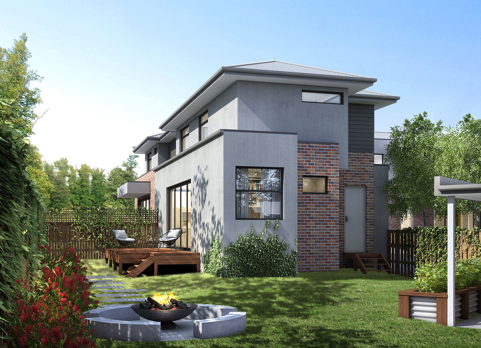 3D render of a modern two-storey home backyard featuring a timber deck and firepit area