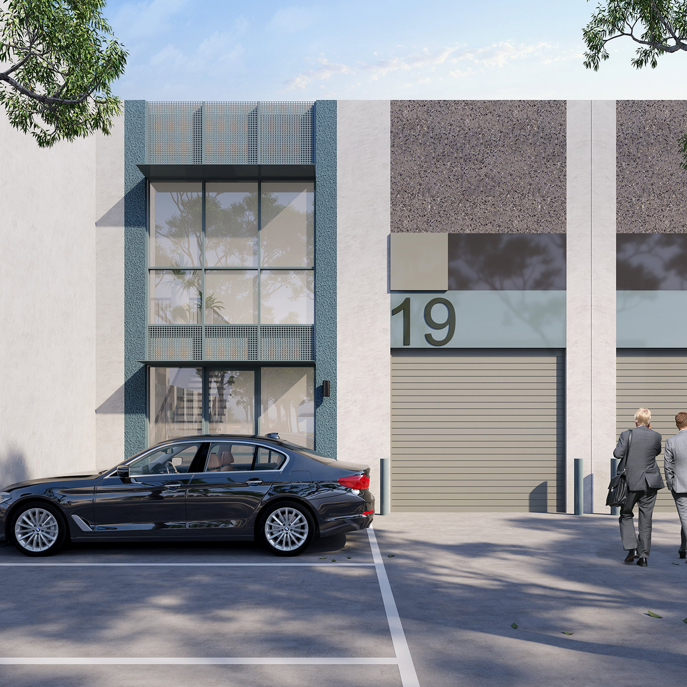 Photorealistic 3D render of a modern warehouse unit with glass facade and industrial architectural design