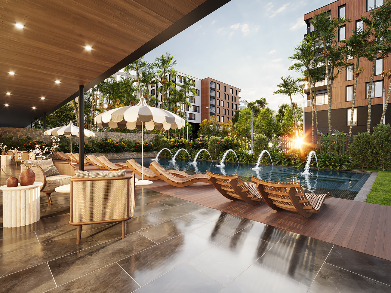 3D render of multi residential pool area with timber deck, landscaping and contemporary apartment buildings