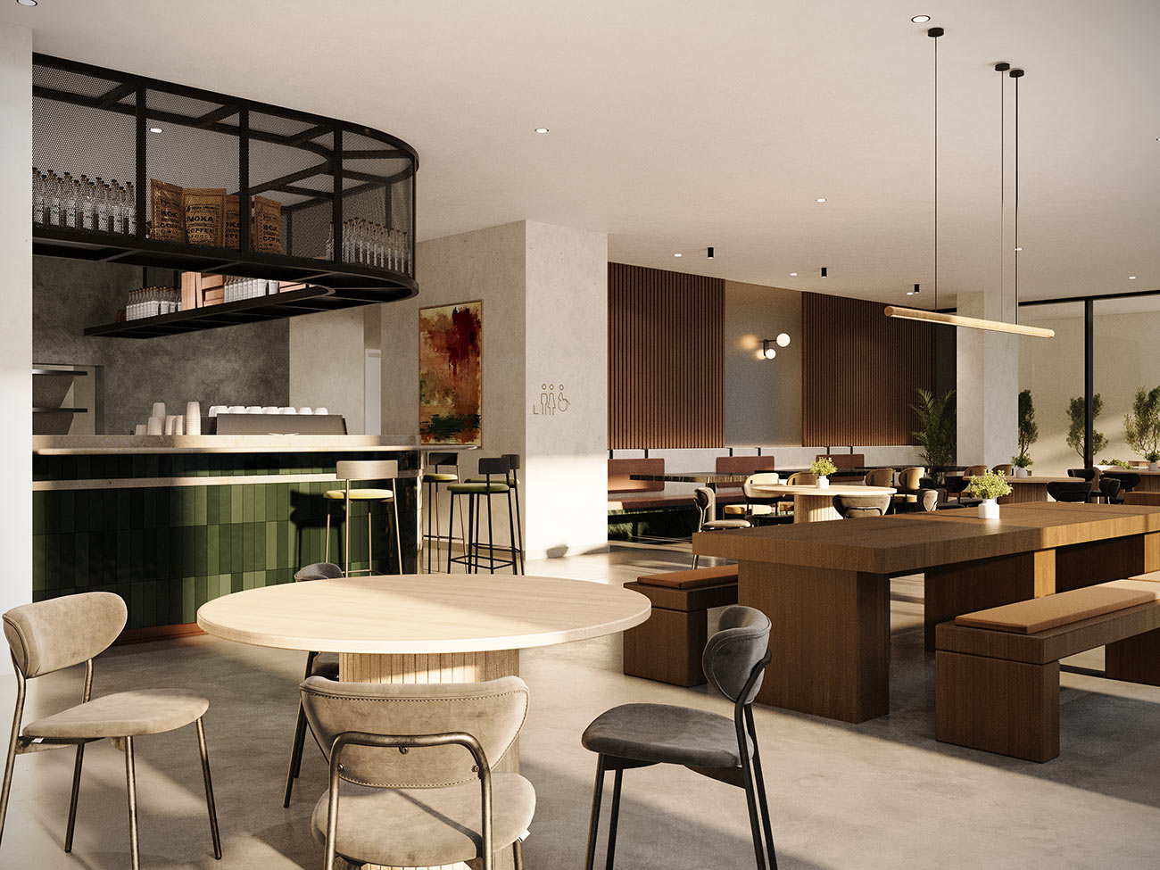 Modern off-the-plan retail interior with café seating, timber finishes and open commercial layout