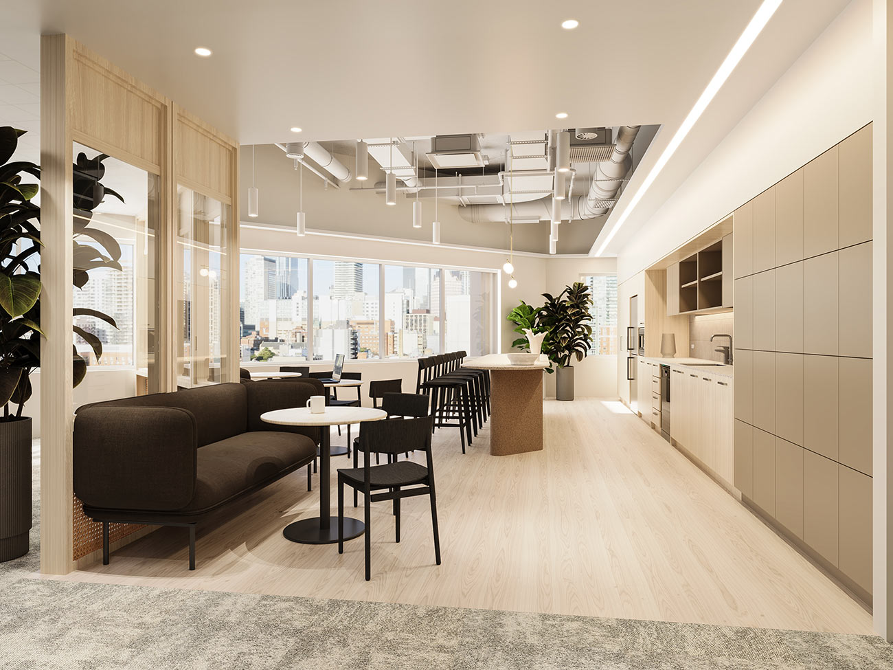 Office breakout kitchen with island bench seating, city skyline views, pendant lighting and integrated cabinetry