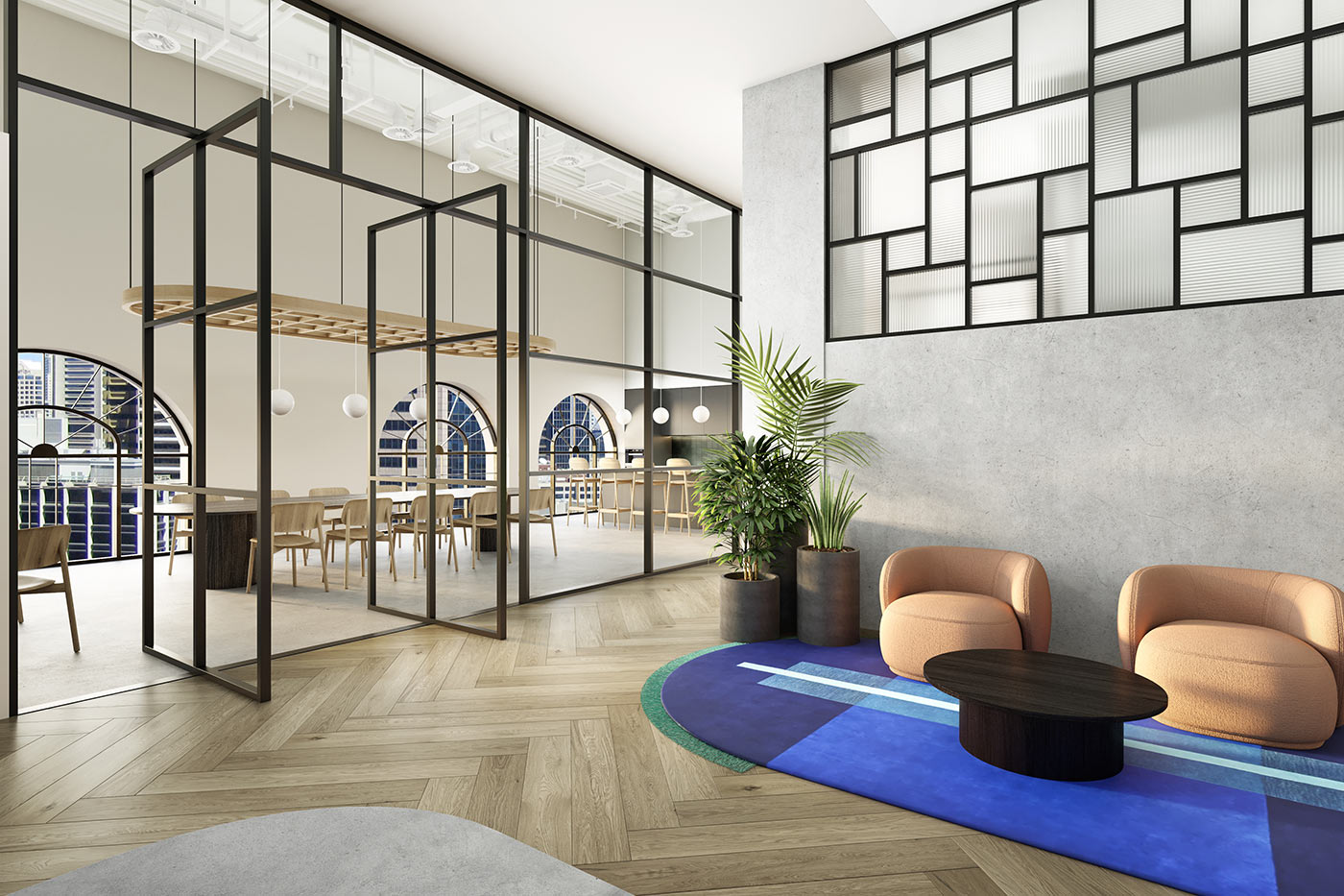 Office breakout lounge 3D render with soft seating, feature rug and glass enclosed meeting room workspace