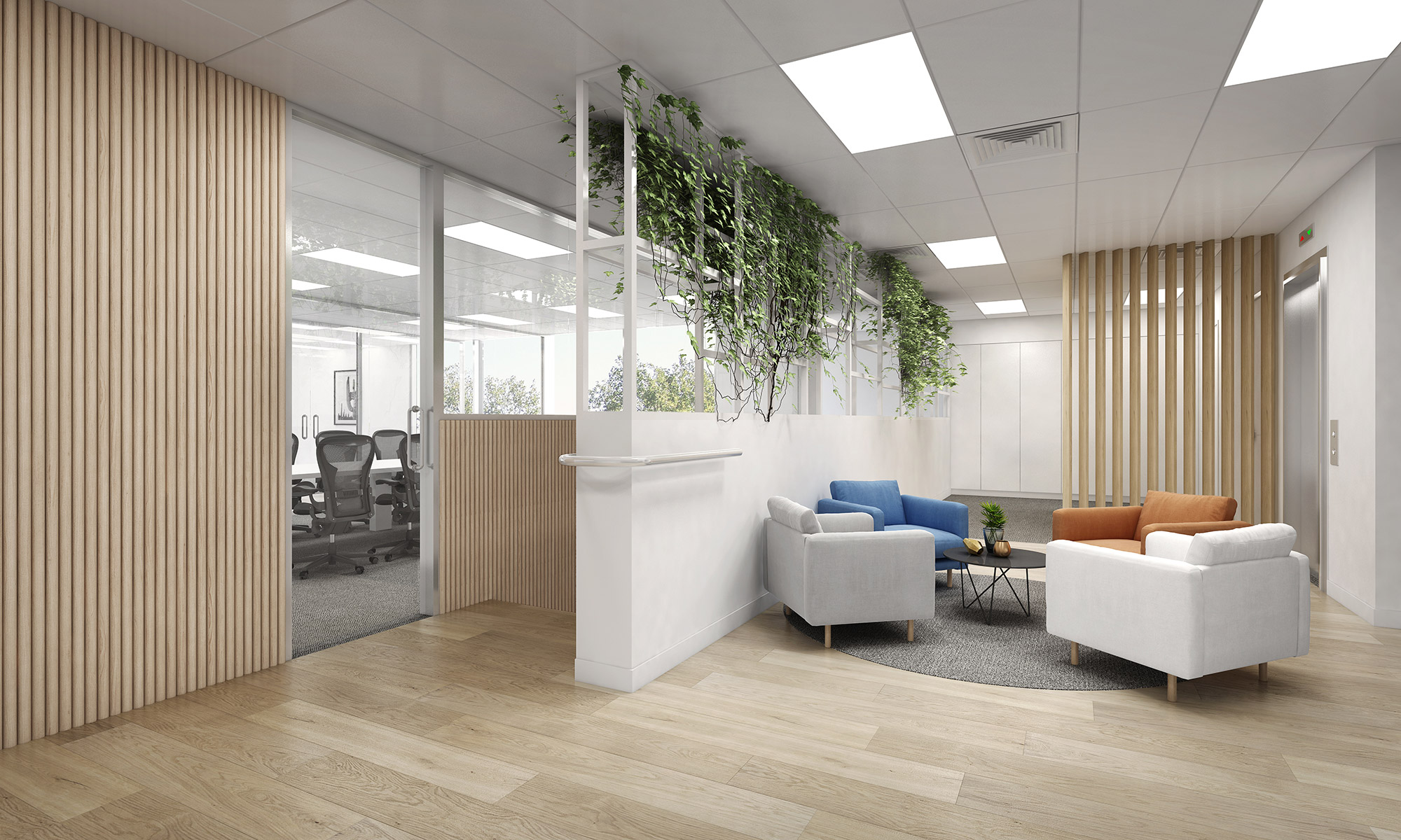 Modern 3D render breakout space with acoustic ceiling panels, lounge seating and collaborative layout