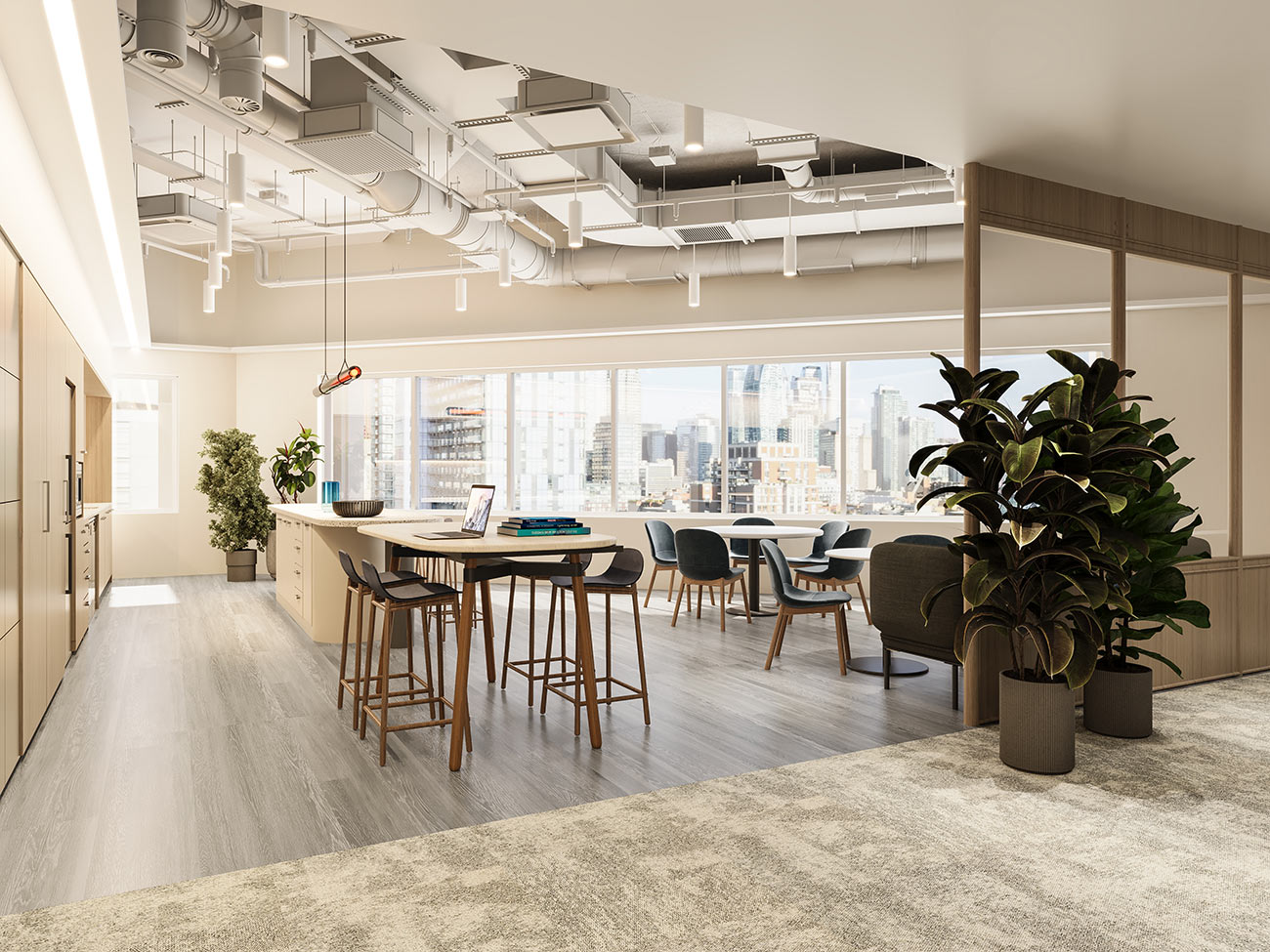 Industrial style office breakout space with high table seating, exposed ceiling services and collaborative dining area