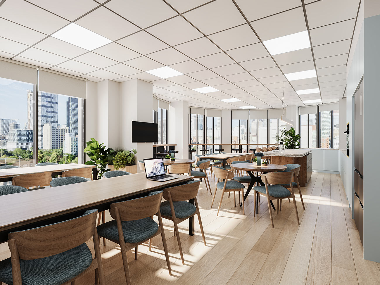 3D render of conference room with glass partitions, timber feature walls and modern meeting table seating